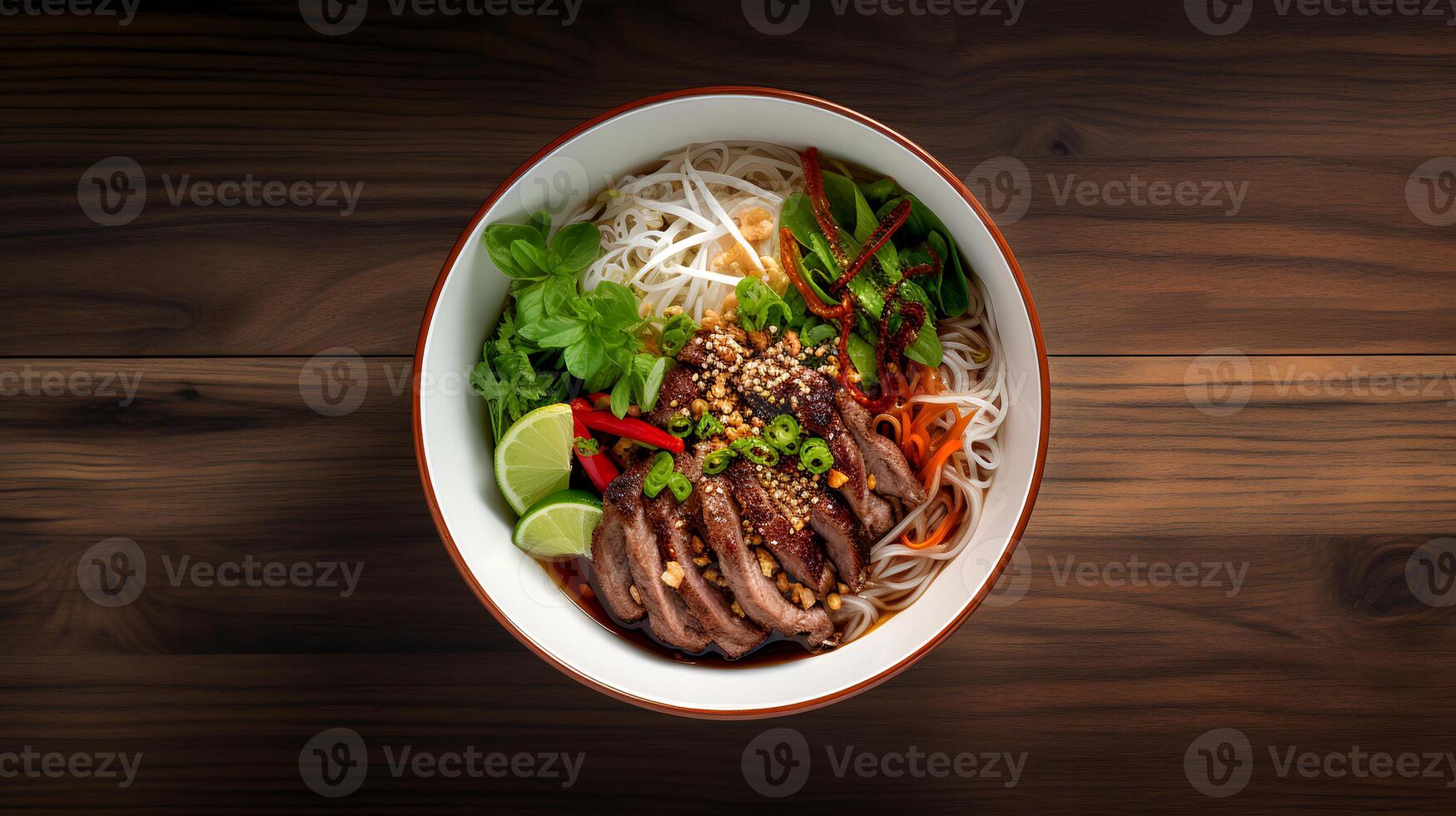 Food photography of pho on wood table. Generative AI photo