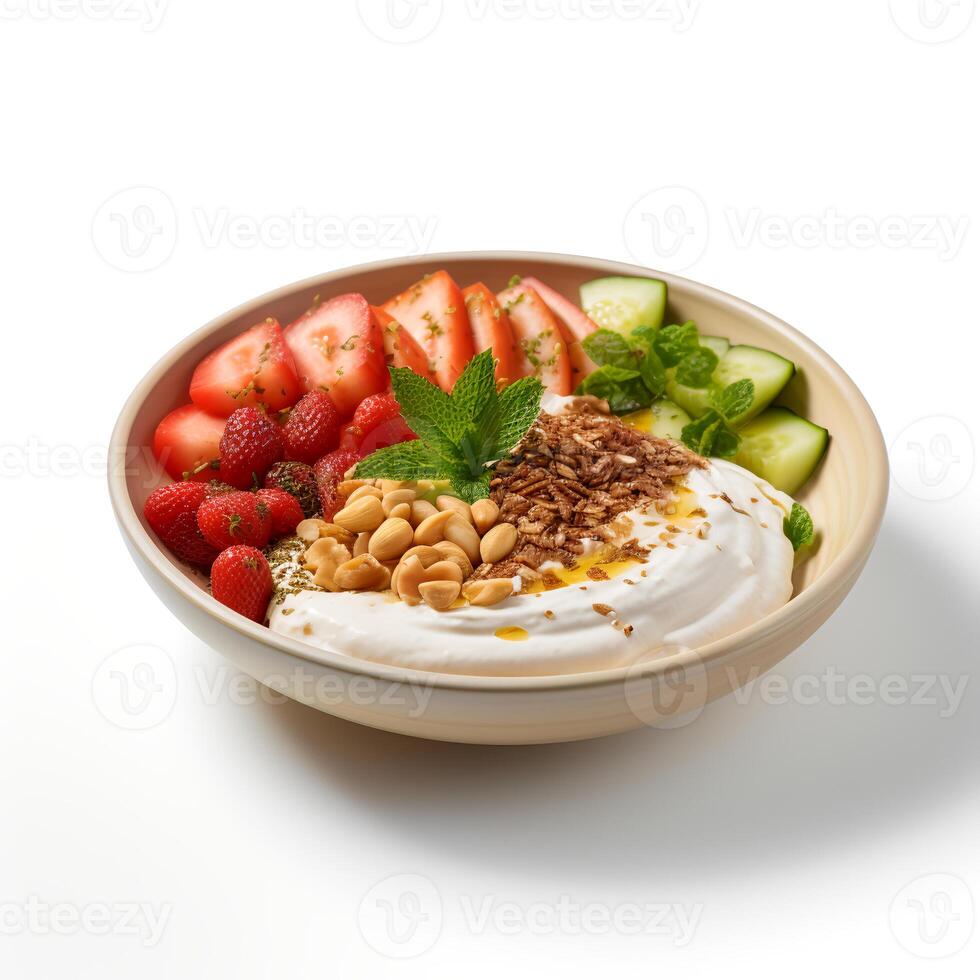 Photo of Fatoush on bowl isolated on white background. Created by