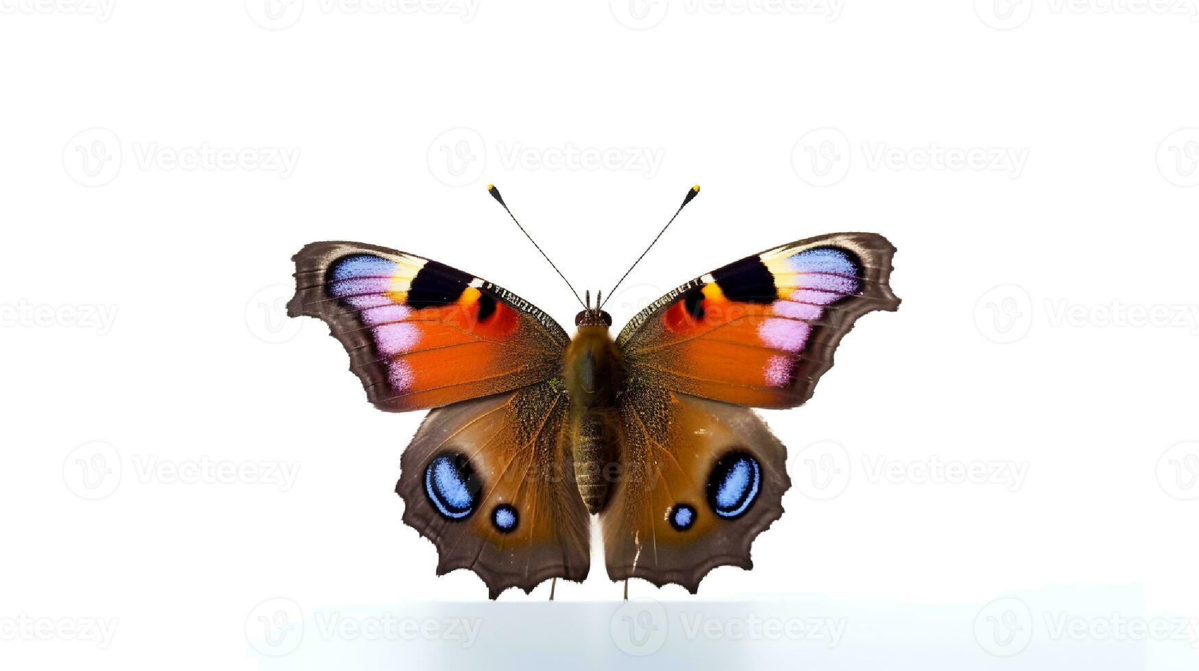 Photo of a peacock butterly on white background. Generative AI