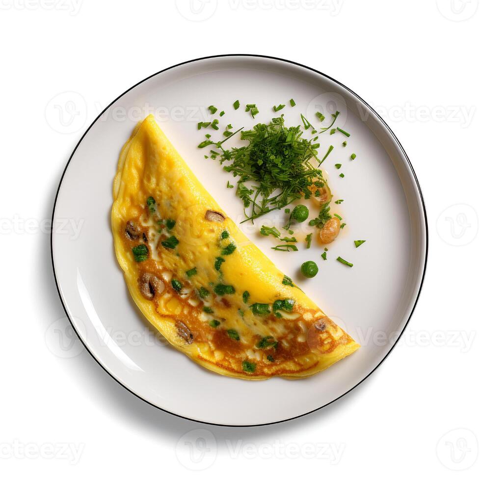 Food photography of Omelette on plate isolated on white background. Generative AI photo