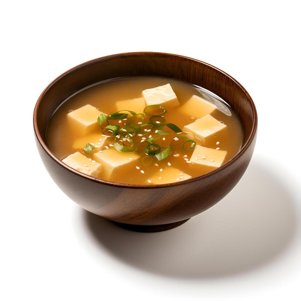 Food photography of Miso soup on black bowl isolated on white background. photo