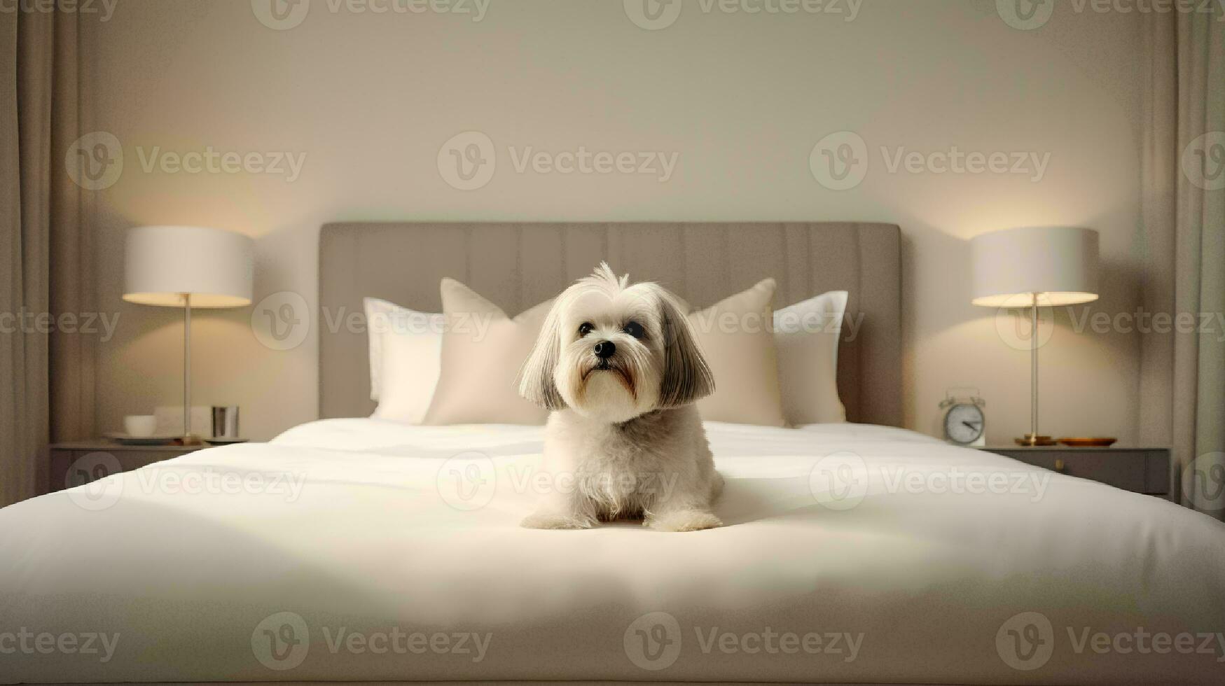 Lhasa apso dog lying on bed in hotel with contemporary interior design. Generative AI photo