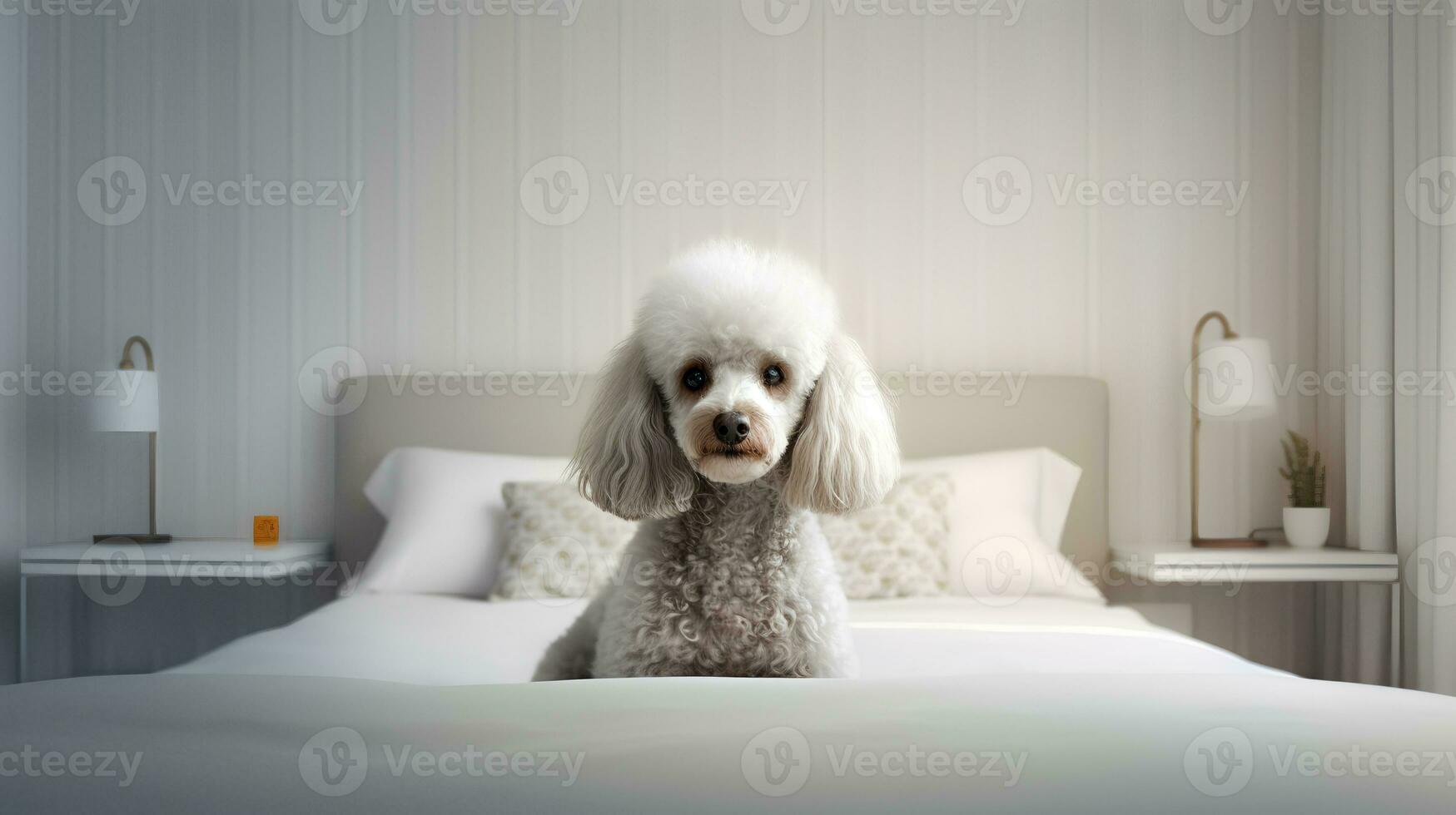 Poodle dog lying on bed in hotel with contemporary interior design. Generative AI photo