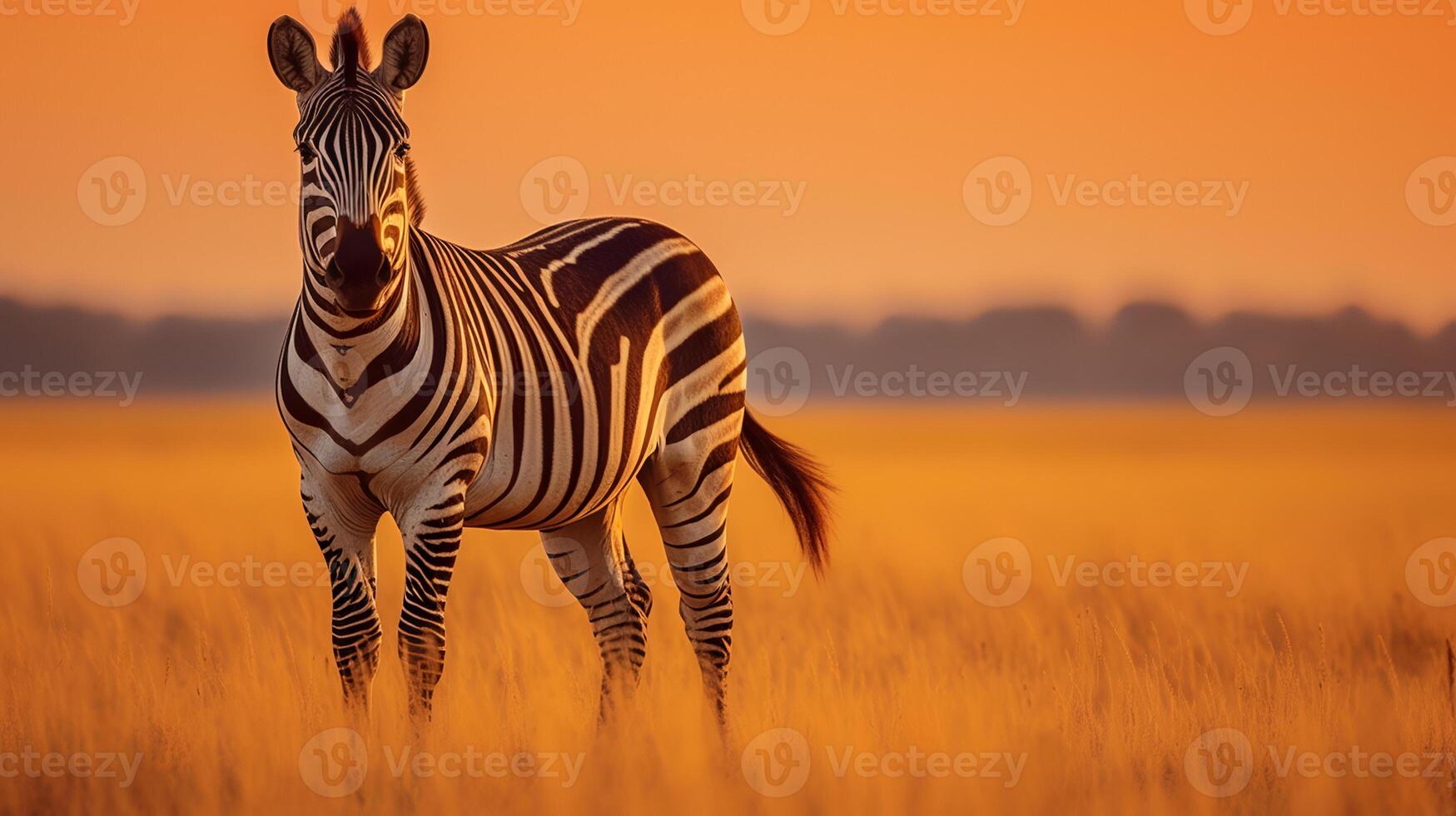 Photo of zebra on savanna at sunset. Generative AI