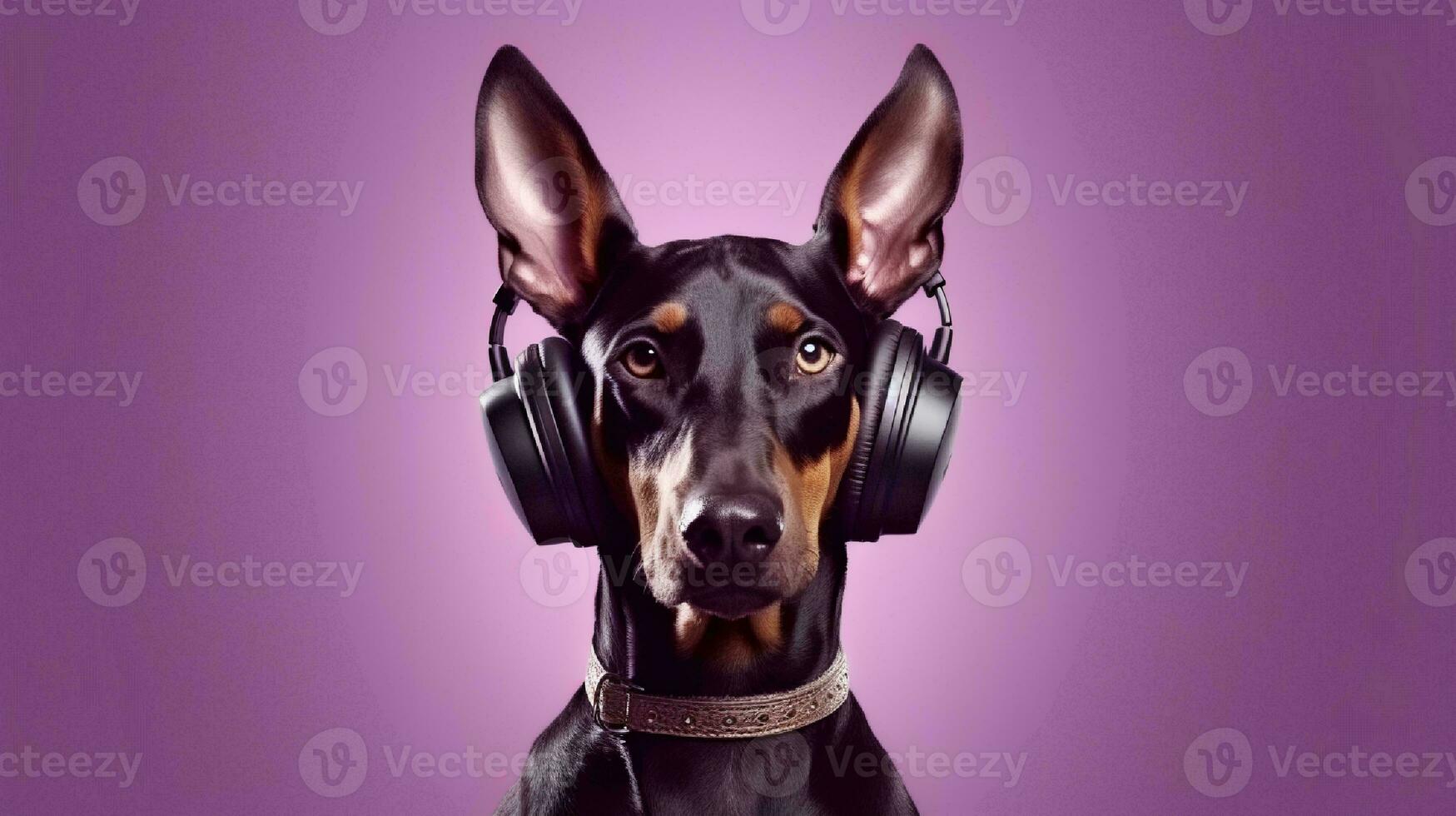 Photo of doberman using headphone  on purple background. Generative AI