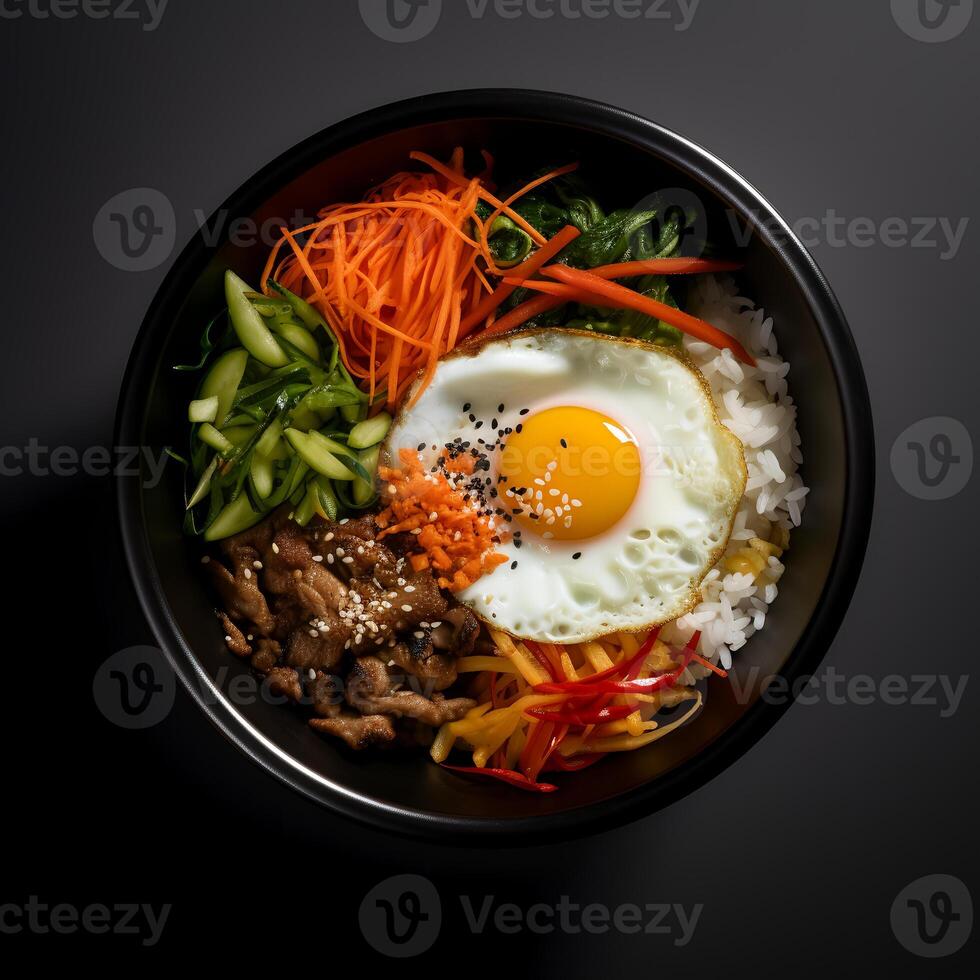 Photo of Bibimbap on dark bowl isolated on black background. Created by