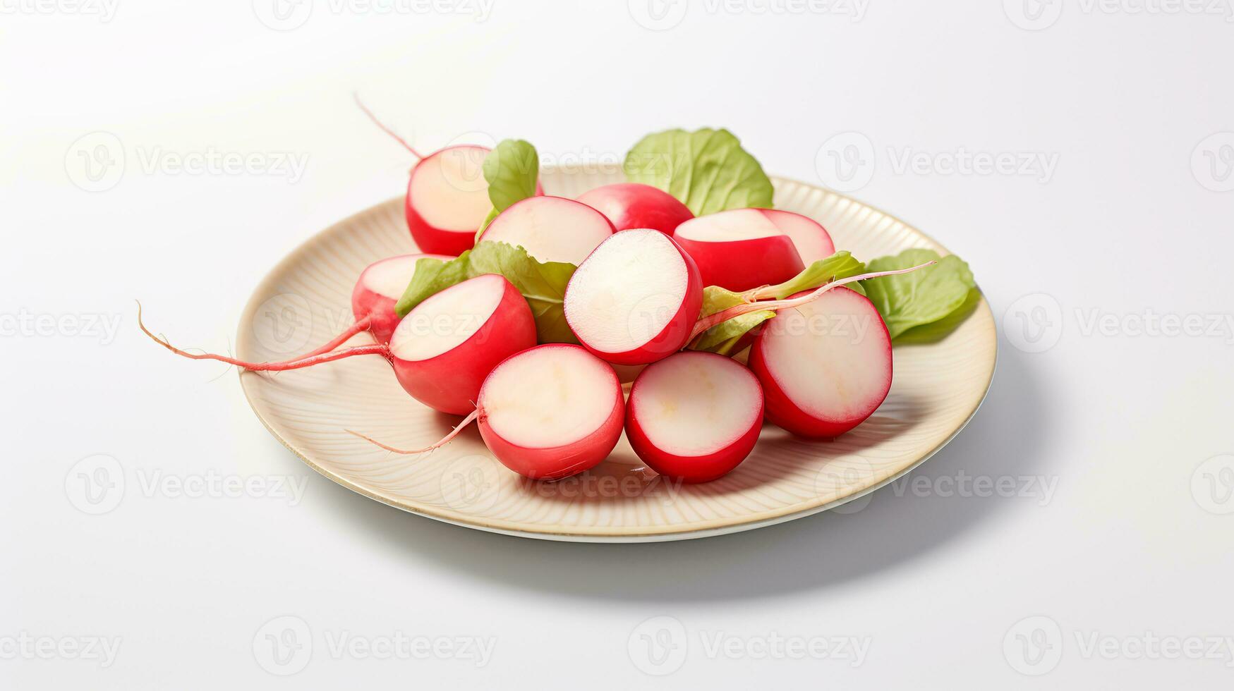 Photo of Rutabaga sliced pieces on minimalist plate isolated on white background