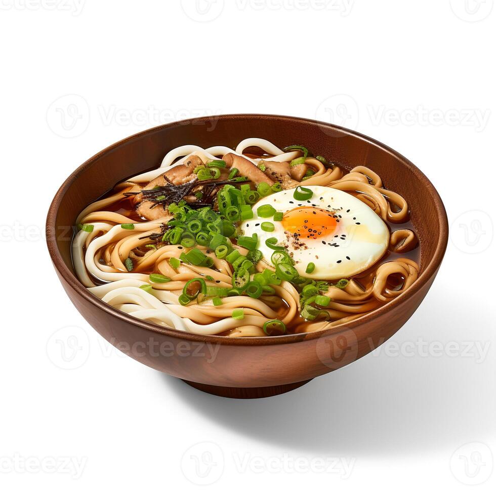 Food photography of Udon on brown bowl isolated on white background. photo