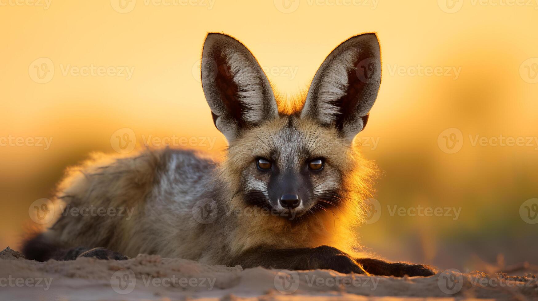 Photo of Bat Eared Fox on savanna at sunset. Generative AI