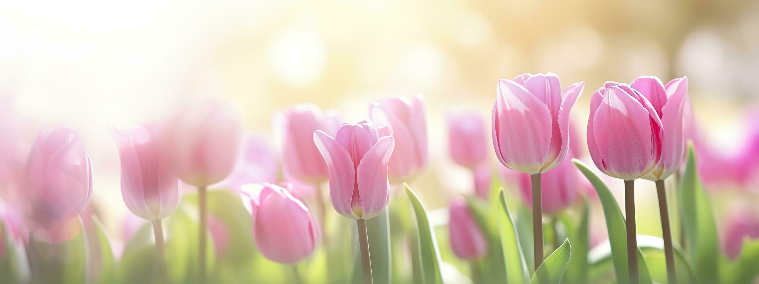 Beautiful pink Tulip on a blurred spring sunny background. Generative AI photo
