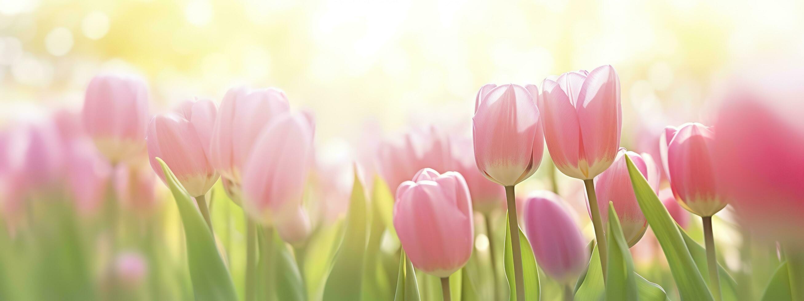 Beautiful pink Tulip on a blurred spring sunny background. Generative AI photo