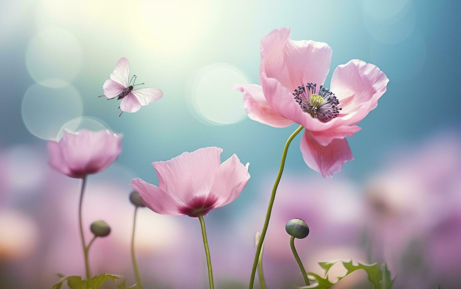 Fresh spring morning on nature and fluttering butterflies on a soft green background. Generative AI photo