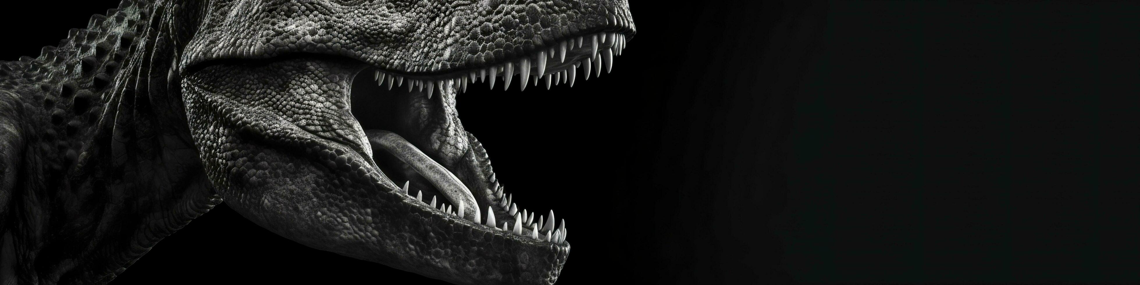 Black and white photorealistic studio portrait of a Tyrannosaurus Rex on black background. Generative AI photo