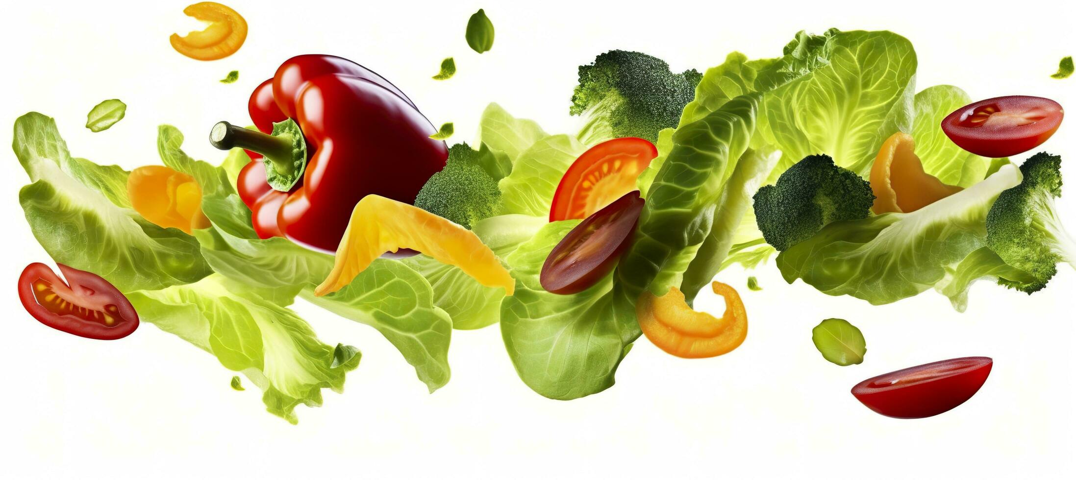 Falling vegetables, salad of bell pepper, tomato, and lettuce leaves. Generative AI photo