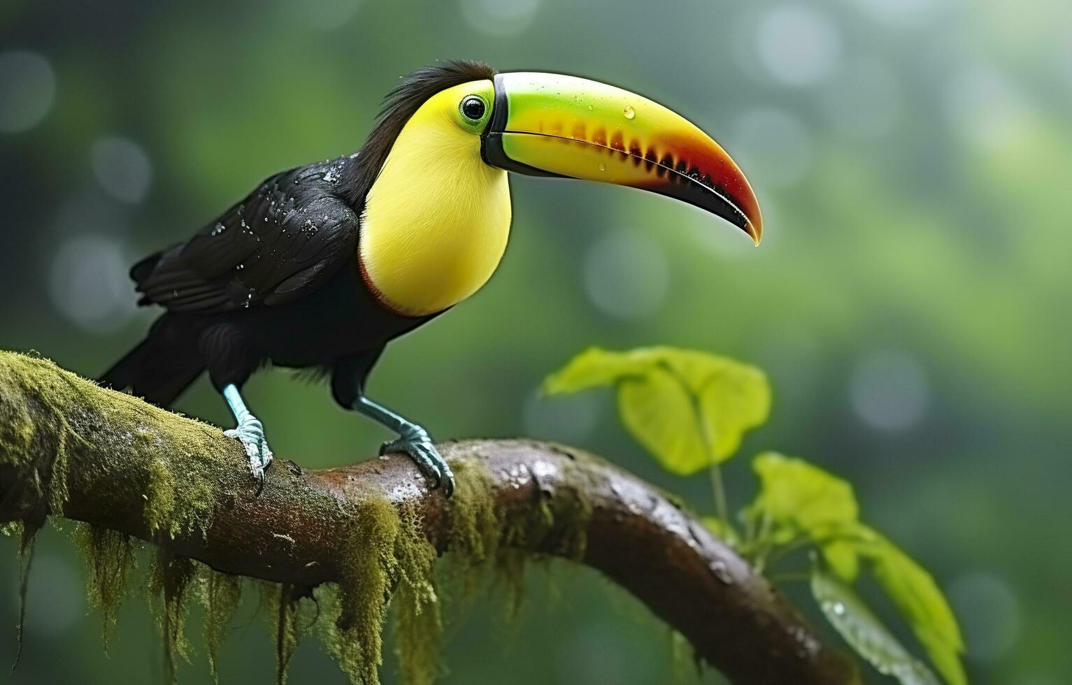 Chesnut mandibled Toucan sitting on the branch in tropical rain with a green jungle. Generative AI photo