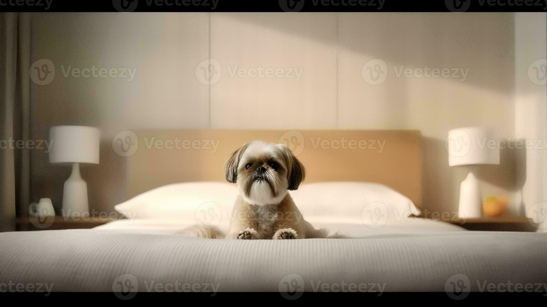 Shih tzu dog lying on bed in hotel with contemporary interior design. Generative AI photo