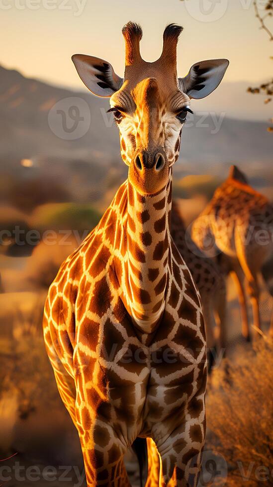 Close up photo of giraffe on savanna at sunset.