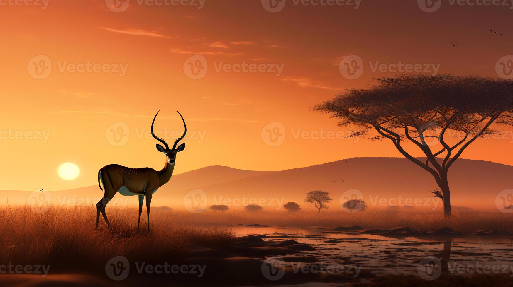 Photo of Impala on savanna at sunset. Generative AI