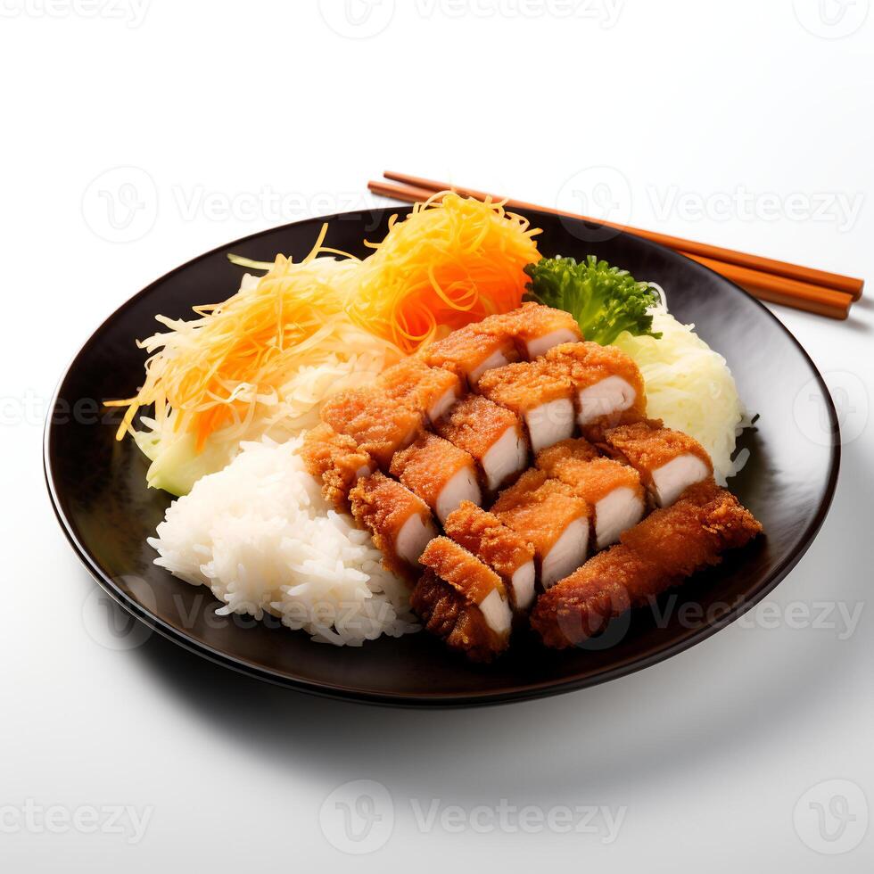 Food photography of Tonkatsu on black plate isolated on white background. photo
