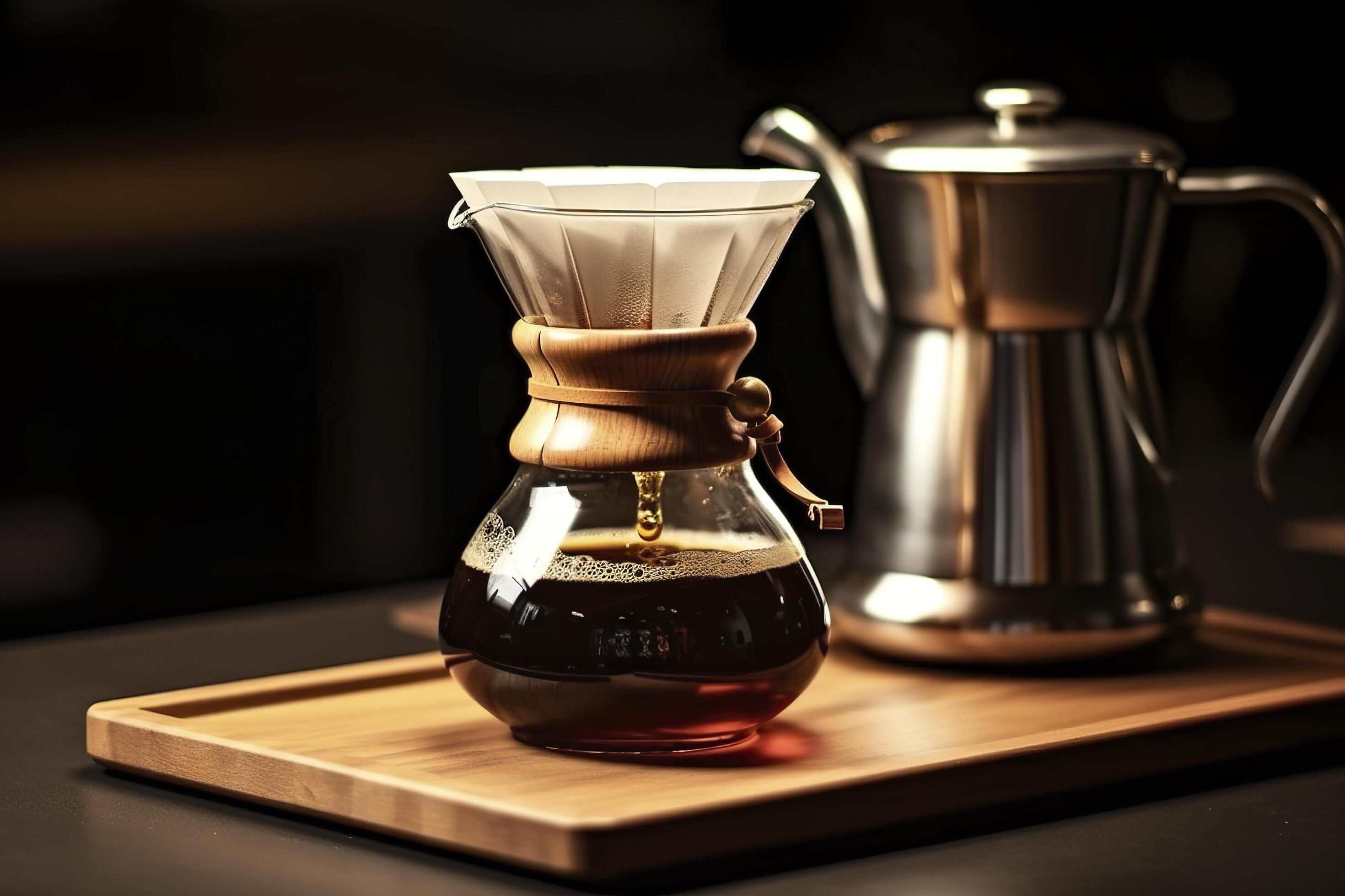 An alternative coffee brewing method is pure over, a glass teapot on a