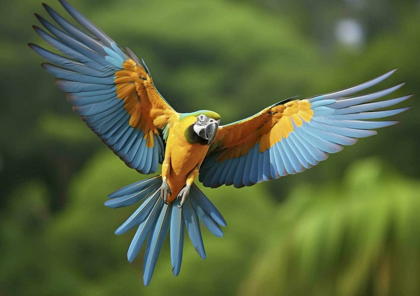 Flying macaw, beautiful bird. Generative AI photo