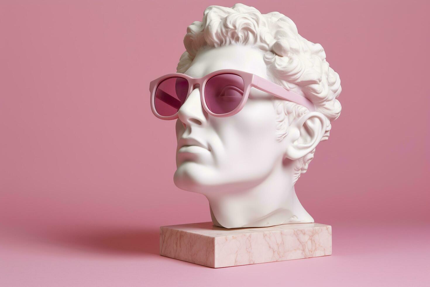 The head of a white mythological statue with fashionable pink glasses on his eyes, frame in profile. AI Generative photo