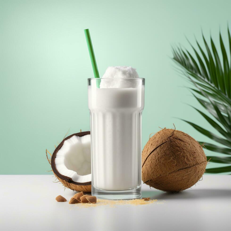 Coco Leche sacudir vaso con Fresco rebanado Coco. generativo ai foto