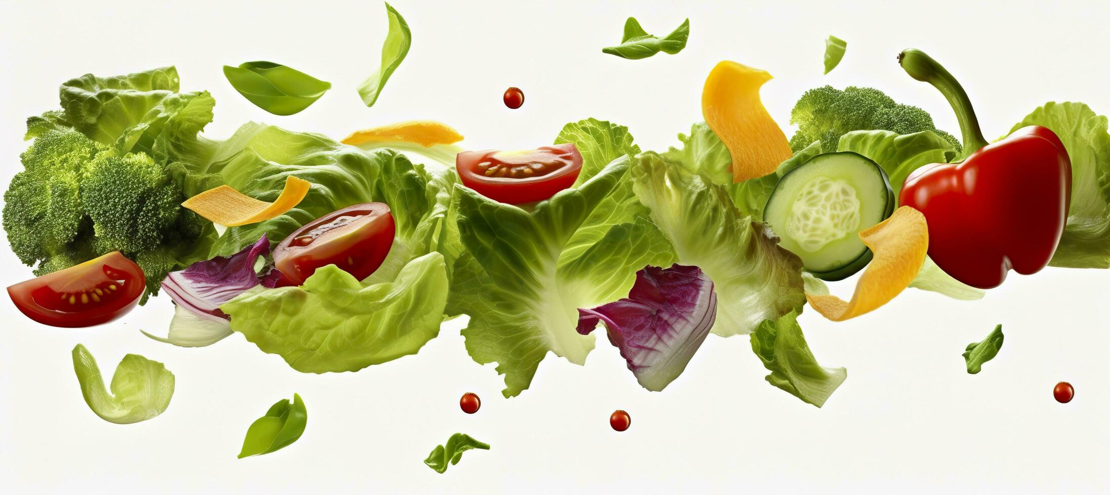 Falling vegetables, salad of bell pepper, tomato, and lettuce leaves. Generative AI photo
