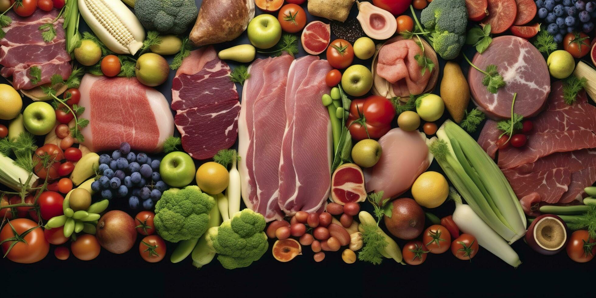 Different types of meats, vegetables, and fruits lay in supermarkets. Generative AI photo