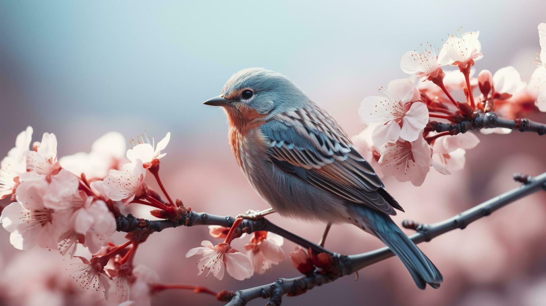 Birds sitting in a tree filled with cherry blossom flowers. Generative AI photo