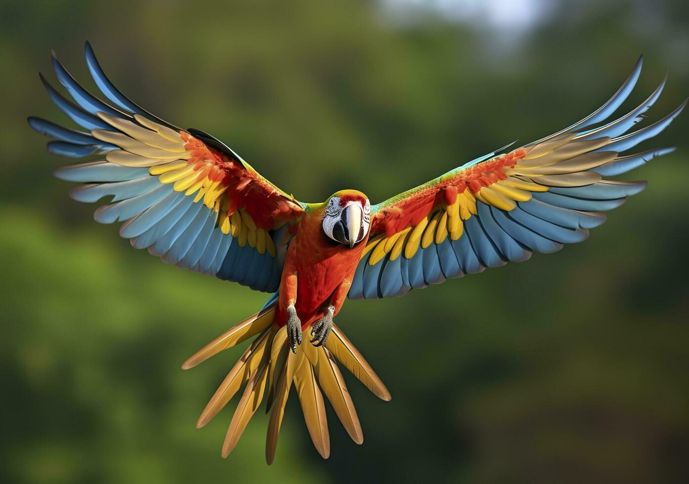 Flying macaw, beautiful bird. Generative AI photo