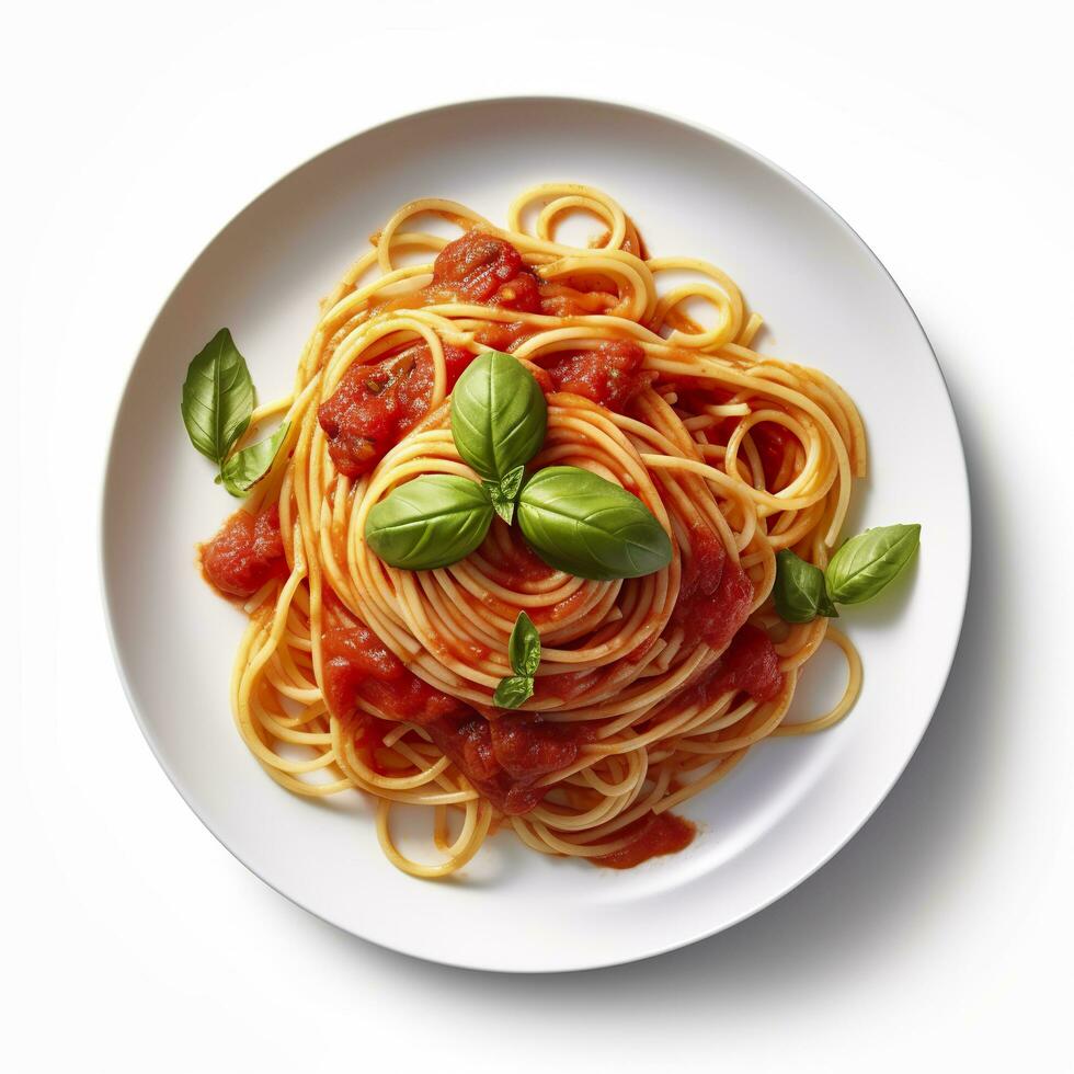Delicious Plate of Spaghetti with Tomato Sauce on a White Background Generative AI photo