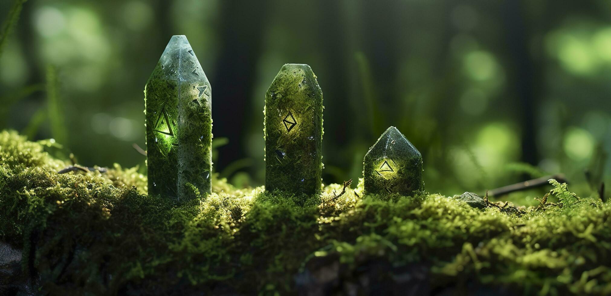 Crystals with moon phases image of moss in a mysterious forest, natural background. Generative AI photo