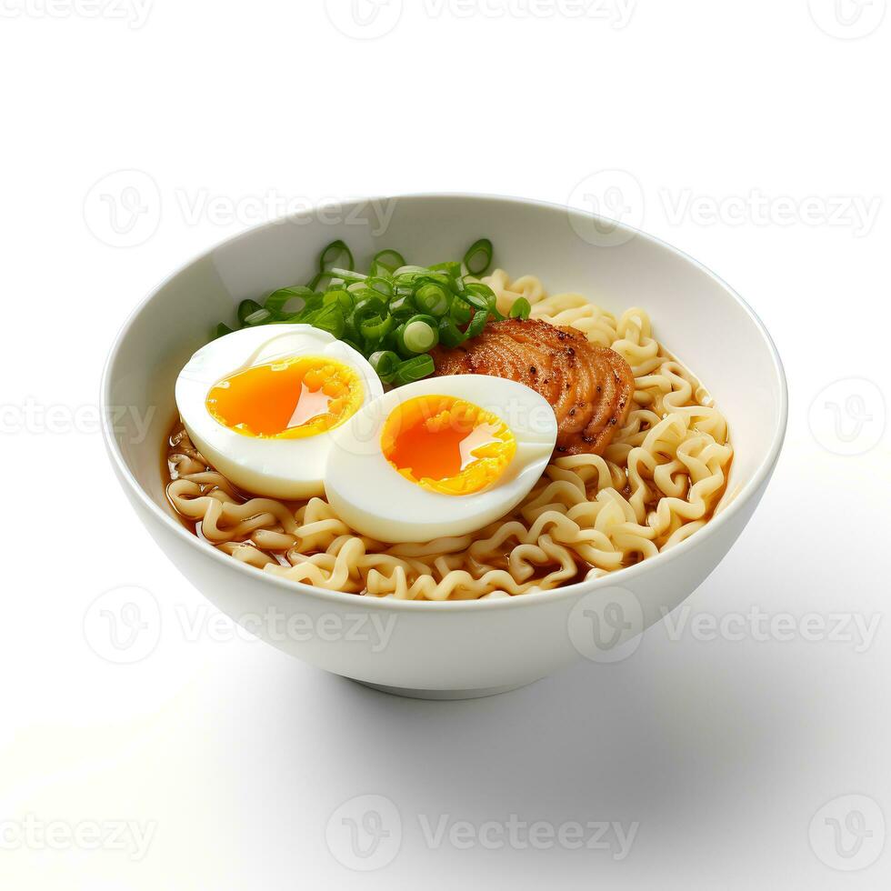 Food photography of Ramen on white bowl isolated on white background. Generative AI photo