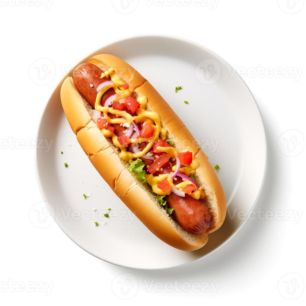 Photo of hot dog on plate isolated on white background. Created by Generative AI