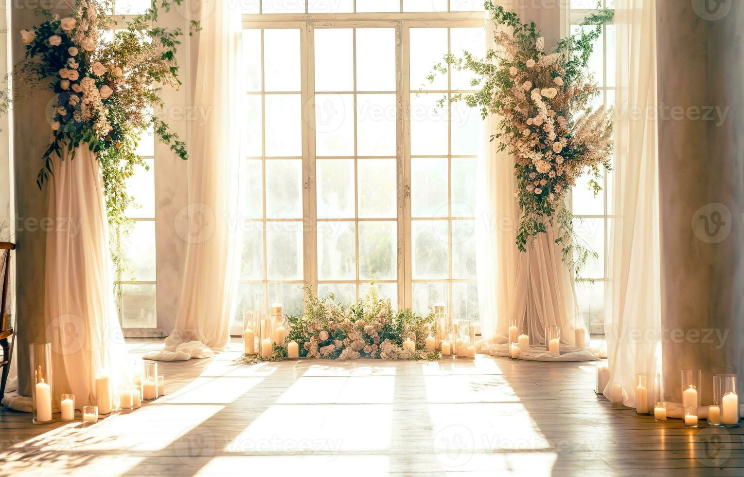 Beautiful interior of wedding with big window and flowers photo