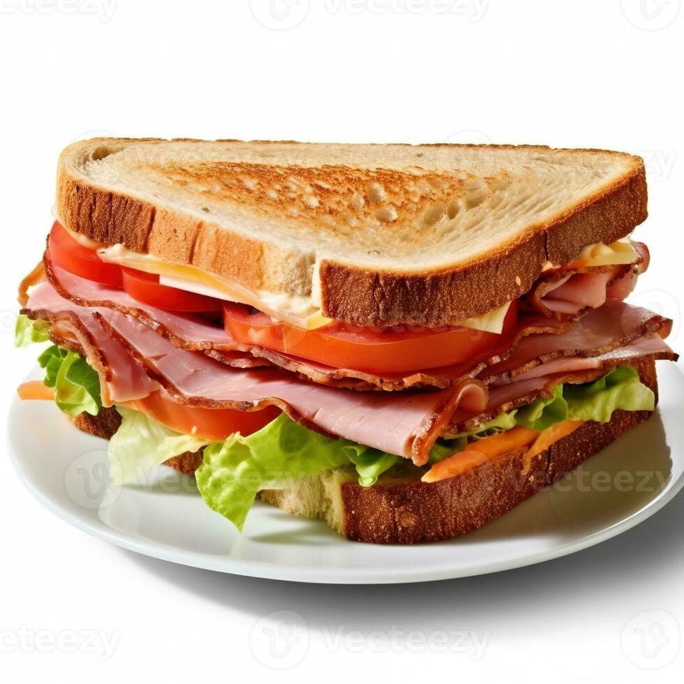 Sandwich with ham, cheese, tomato and lettuce on white background photo