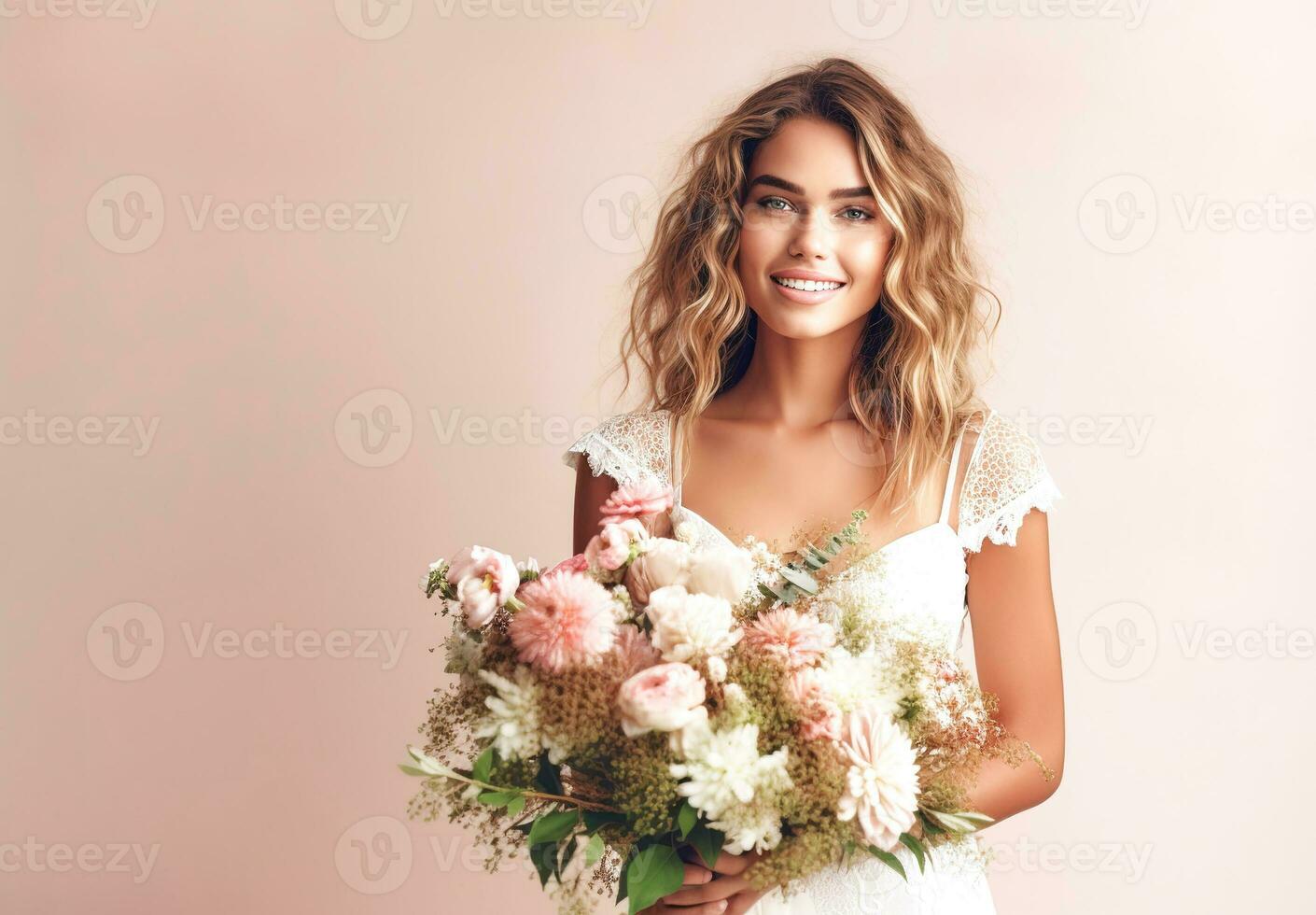 Portrait of a beautiful young bride with a bouquet of flowers photo