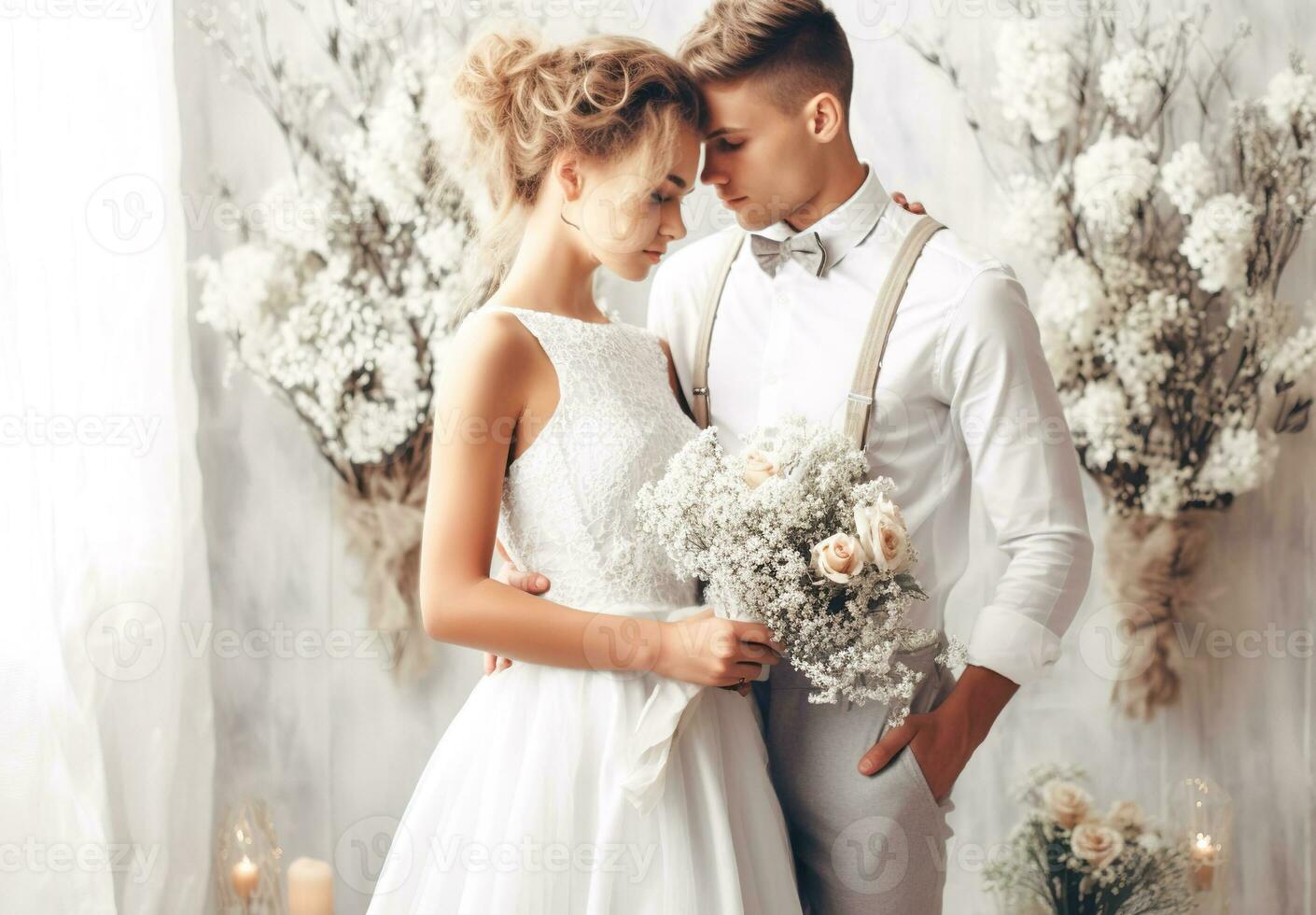 Beautiful bride and groom in wedding dress posing in studio with flowers photo