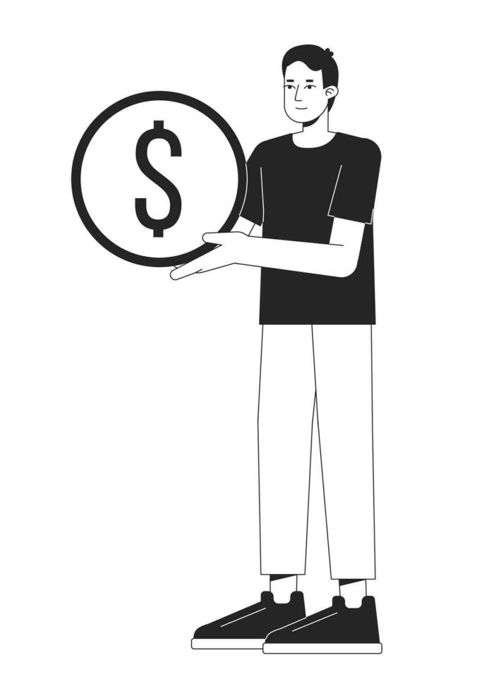 Young optimistic man holding golden coin flat line black white vector character. Editable outline full body person accumulate money. Simple cartoon isolated spot illustration for web graphic design