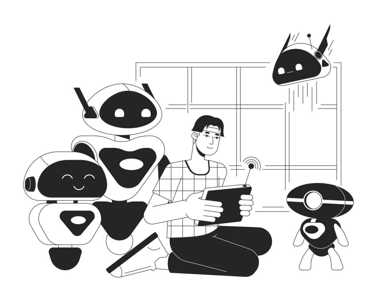 Robotics bw concept vector spot illustration. Excited asian man creates and manages robots 2D cartoon flat line monochromatic character for web UI design. Editable isolated outline hero image