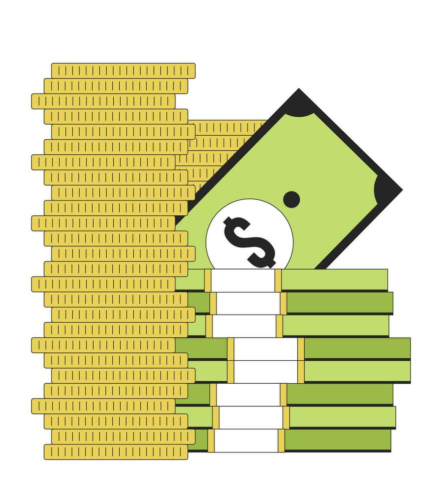 Savings flat line color isolated vector object. Golden coins and cash. Finance. Money accumulation. Editable clip art image on white background. Simple outline cartoon spot illustration for web design