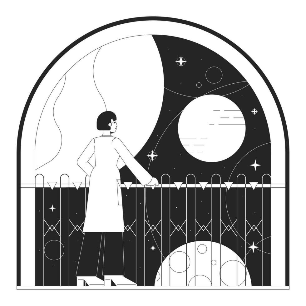 Space program bw concept vector spot illustration. Space science looking on planets 2D cartoon flat line monochromatic character for web UI design. Editable isolated outline hero image