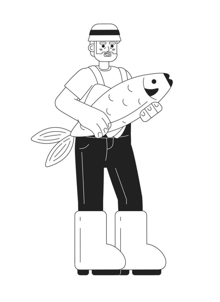 alegre mayor hombre en sombrero captura pescado monocromo plano vector personaje. editable Delgado línea lleno cuerpo pescador en botas y disfraz en blanco. sencillo bw dibujos animados Mancha imagen para web gráfico diseño