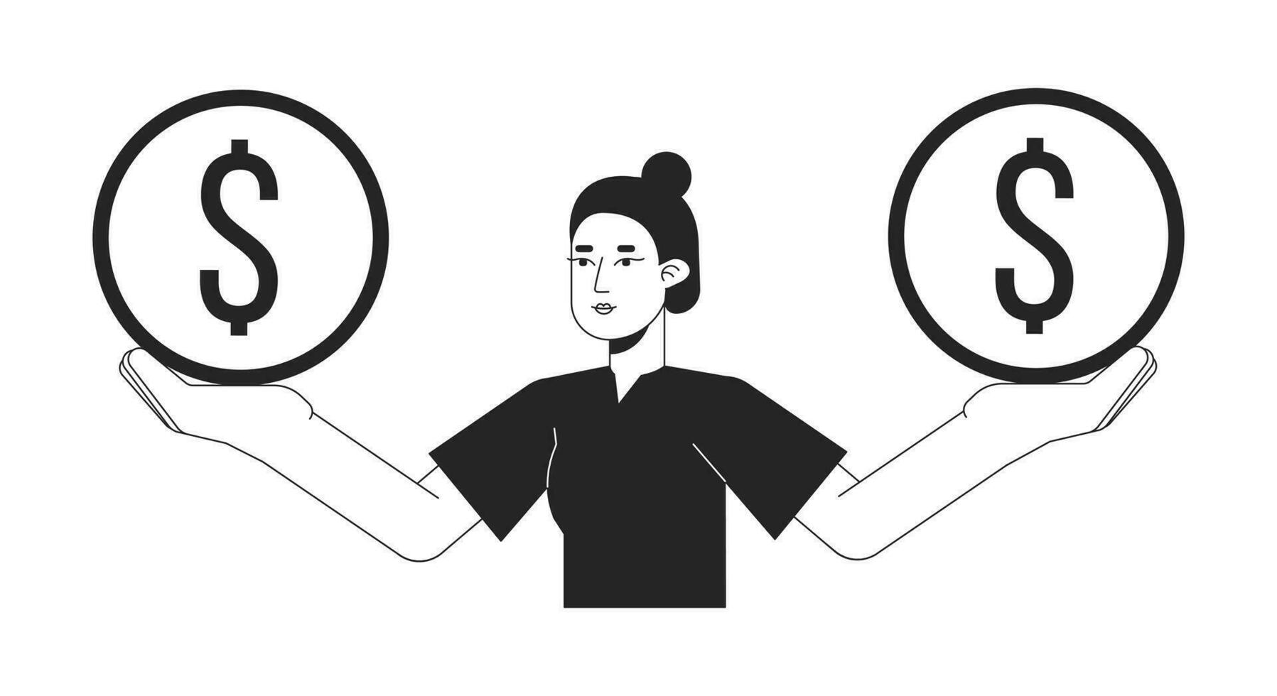 linda asiático mujer participación monedas en manos plano línea negro blanco vector personaje. equilibrar en finanzas. editable contorno lleno cuerpo persona. sencillo dibujos animados aislado Mancha ilustración para web gráfico diseño