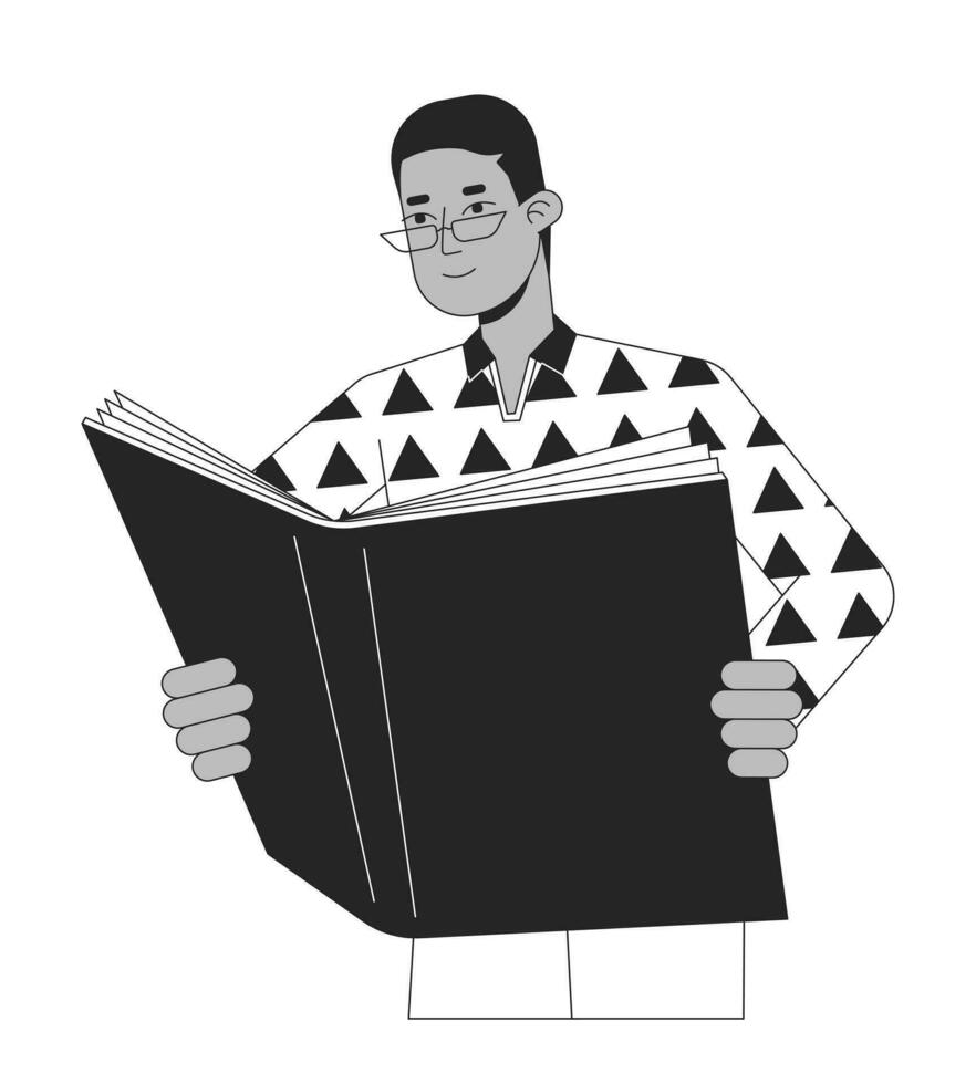 Focused man reading book flat line black white vector character. Financial education. Editable outline full body person. Simple cartoon isolated spot illustration for web graphic design