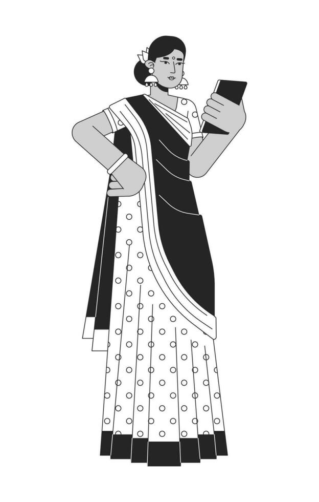 Indian woman in sari using gadget flat line black white vector character. Editable outline full body person. Online buying ticket simple cartoon isolated spot illustration for web graphic design