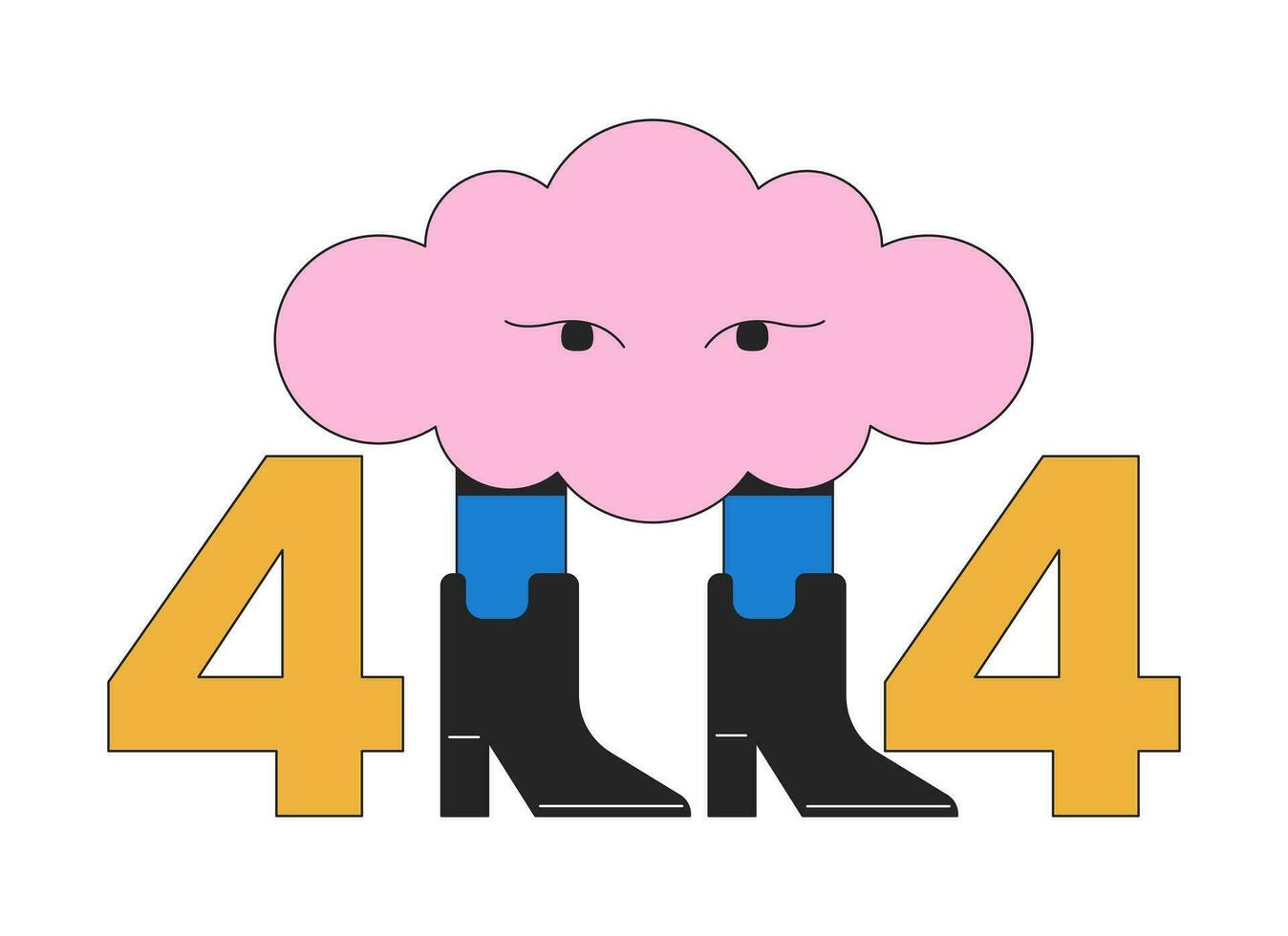 Stylish surreal cloud in boots error 404 flash message. Fantasy hallucination. Empty state ui design. Page not found popup cartoon image. Vector flat illustration concept on white background