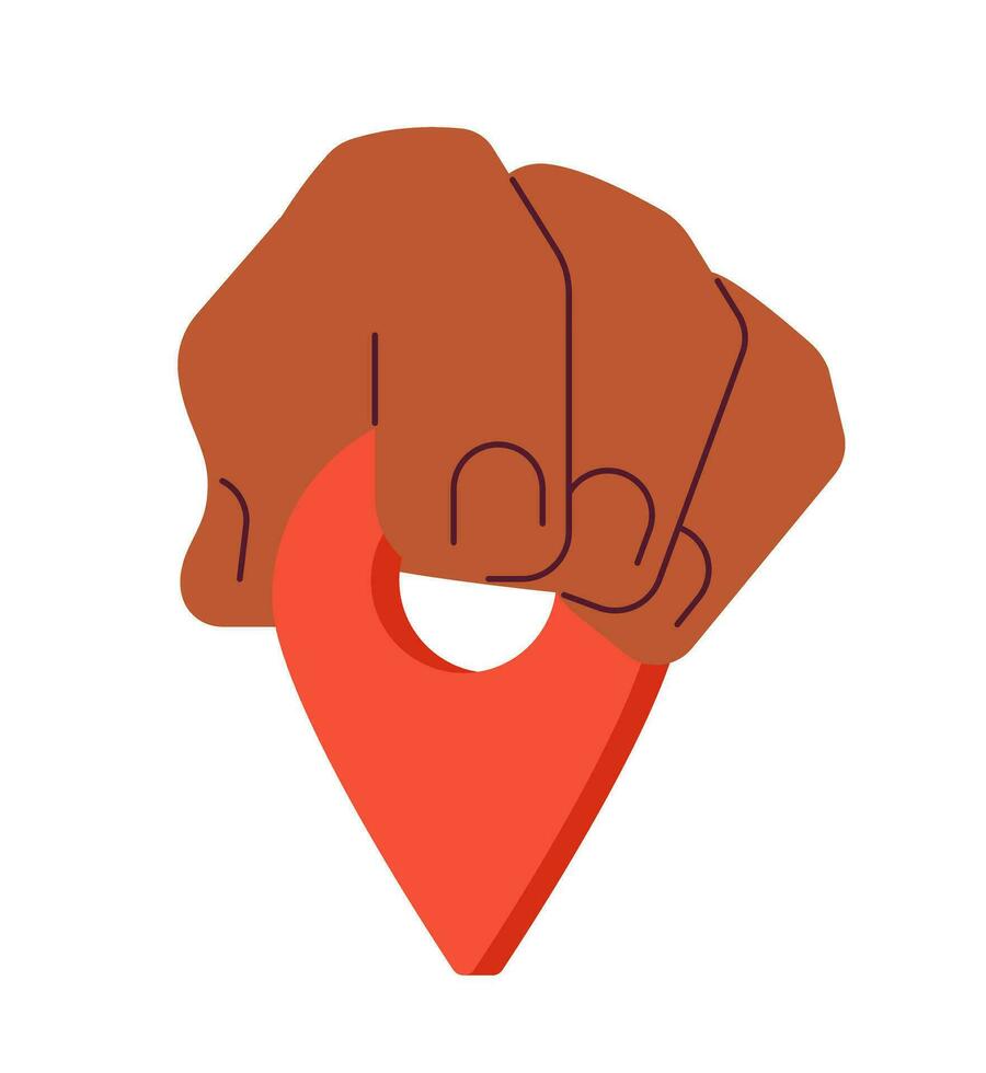 Fingers put gps pin semi flat colour vector object. Choose location. Editable cartoon clip art icon on white background. Simple spot illustration for web graphic design