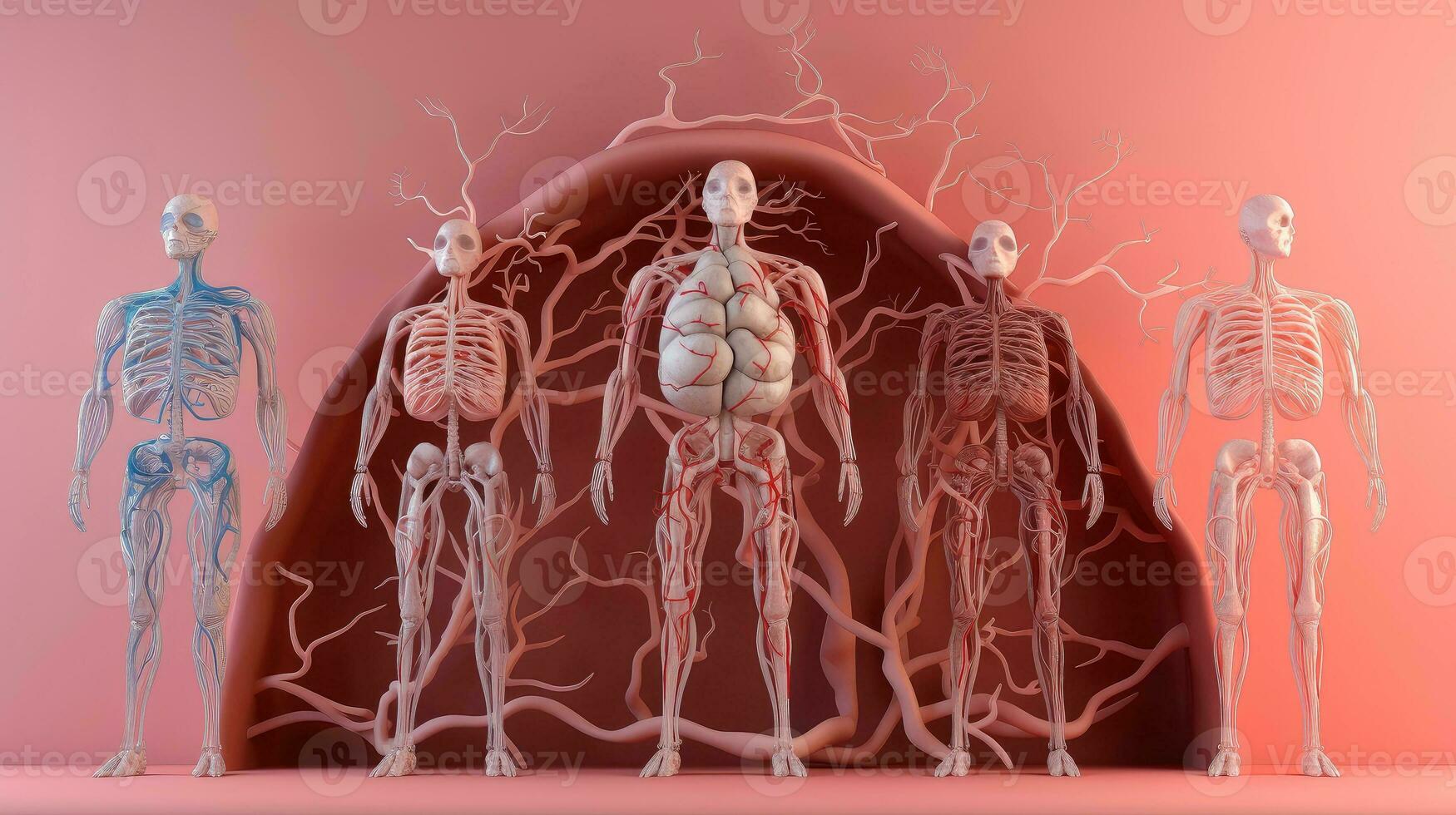 3d ilustración de el humano Organo sistemas, humano interno órganos anatomía. nervioso, circulatorio, digestivo, excretorio, urinario, y hueso sistemas médico educación concepto, generativo ai ilustración foto